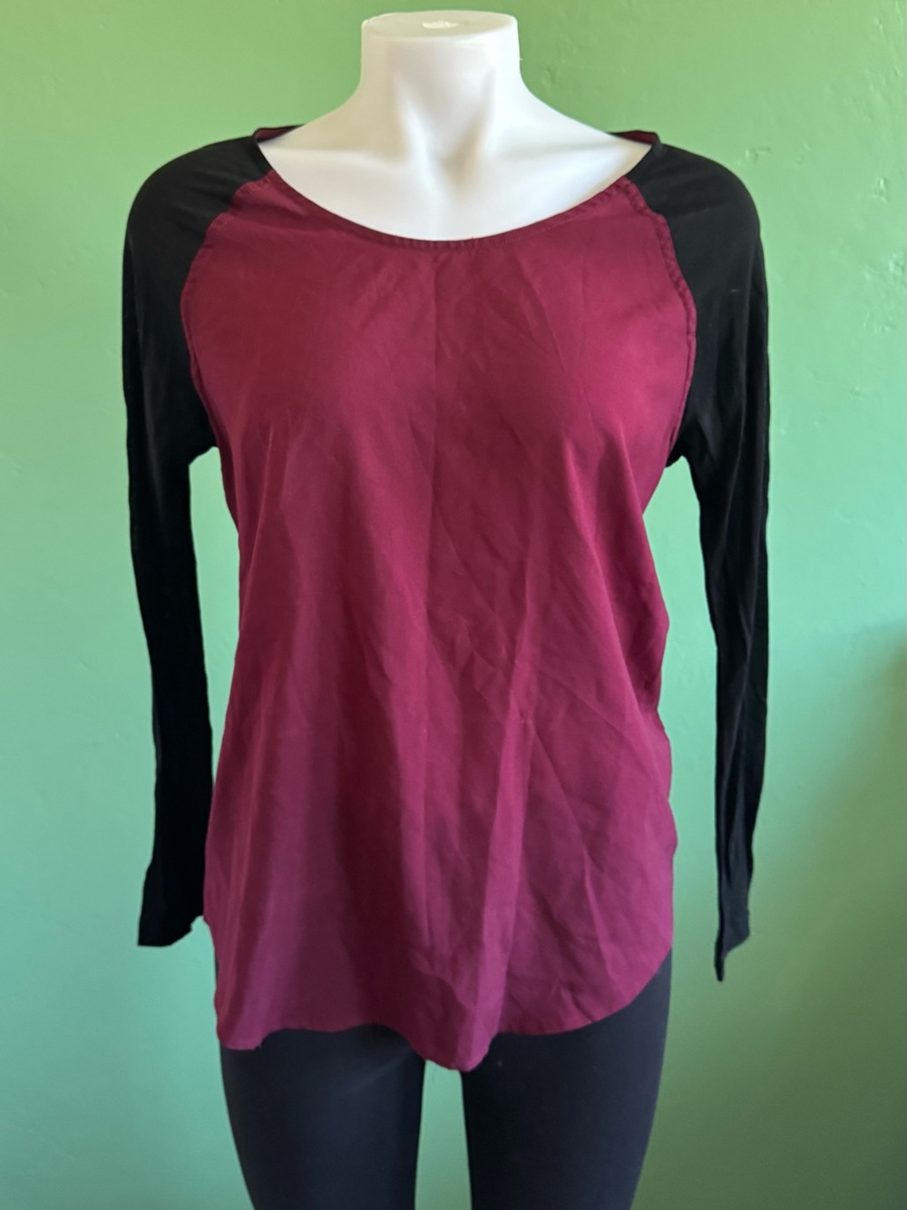French Connection Burgundy and Black Raglan Long Sleeve Top Sz Medium